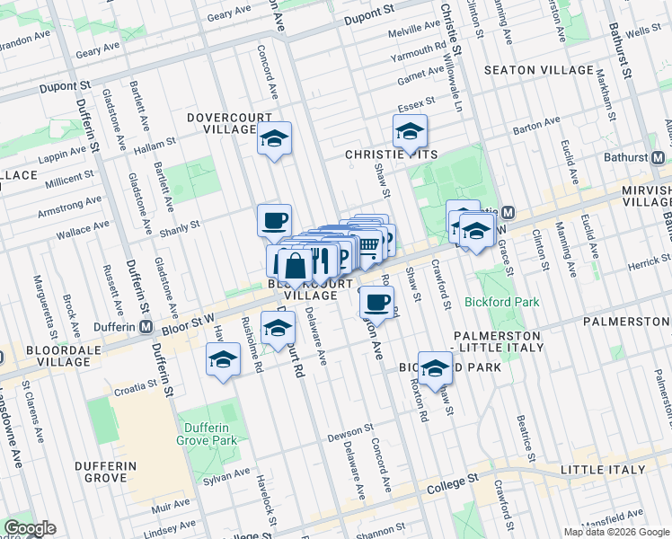 map of restaurants, bars, coffee shops, grocery stores, and more near 910 Bloor Street West in Toronto