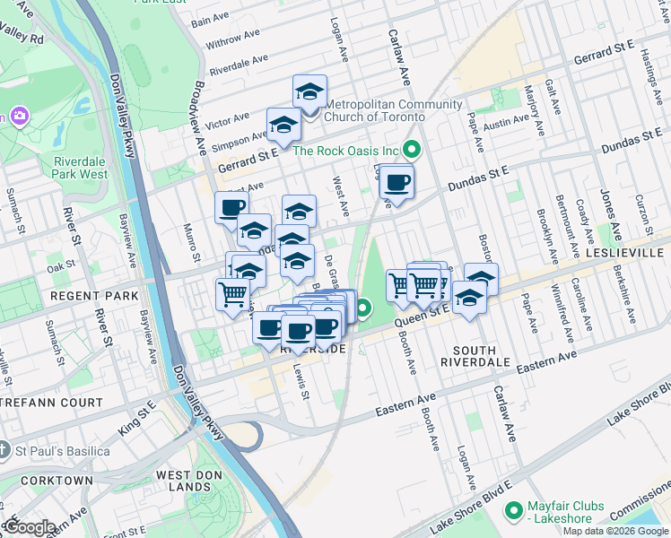 map of restaurants, bars, coffee shops, grocery stores, and more near 91 De Grassi Street in Toronto