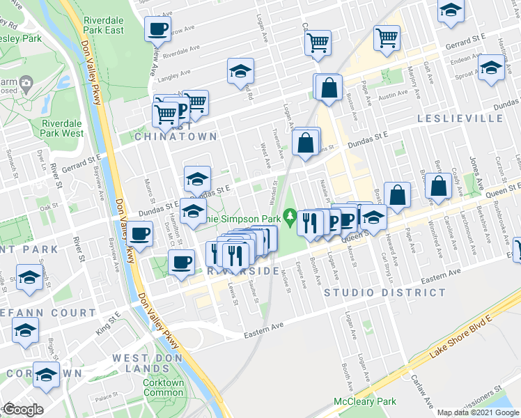 map of restaurants, bars, coffee shops, grocery stores, and more near 91 De Grassi Street in Toronto