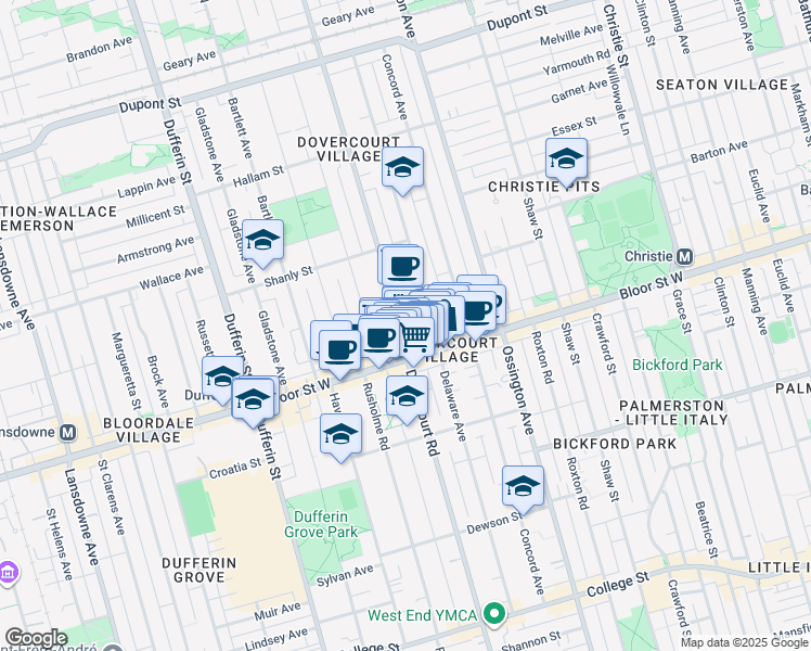 map of restaurants, bars, coffee shops, grocery stores, and more near 783 Dovercourt Road in Toronto