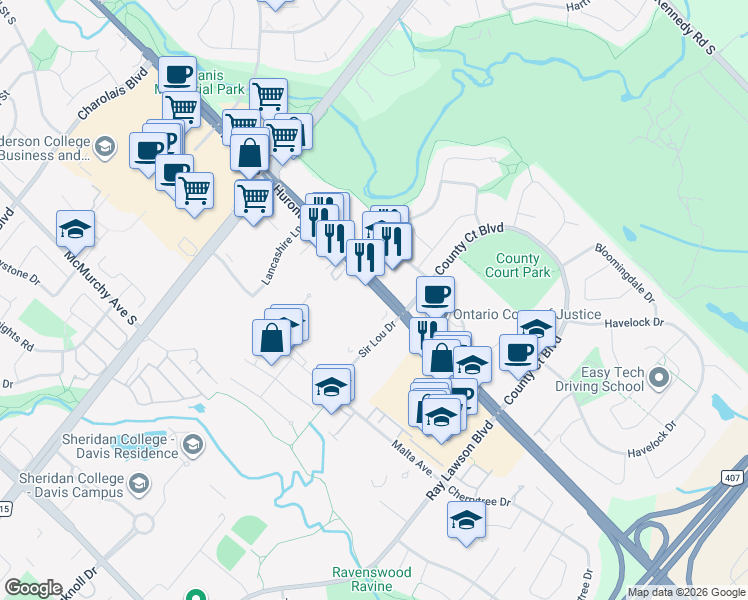 map of restaurants, bars, coffee shops, grocery stores, and more near 2 Sir Lou Drive in Brampton