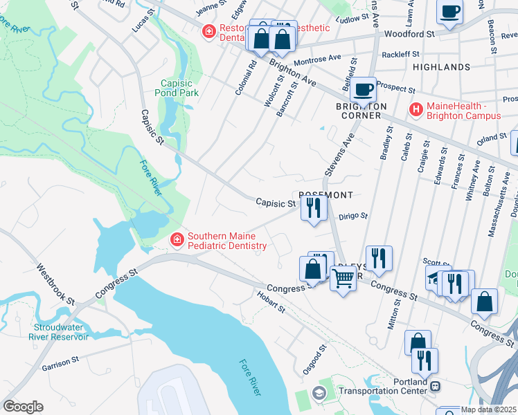 map of restaurants, bars, coffee shops, grocery stores, and more near 90 Capisic Street in Portland
