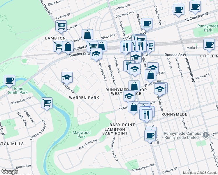 map of restaurants, bars, coffee shops, grocery stores, and more near 171 Humbercrest Boulevard in Toronto