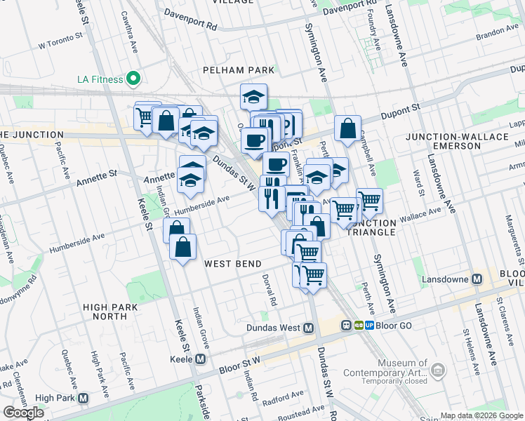 map of restaurants, bars, coffee shops, grocery stores, and more near 2563 Dundas Street West in Toronto