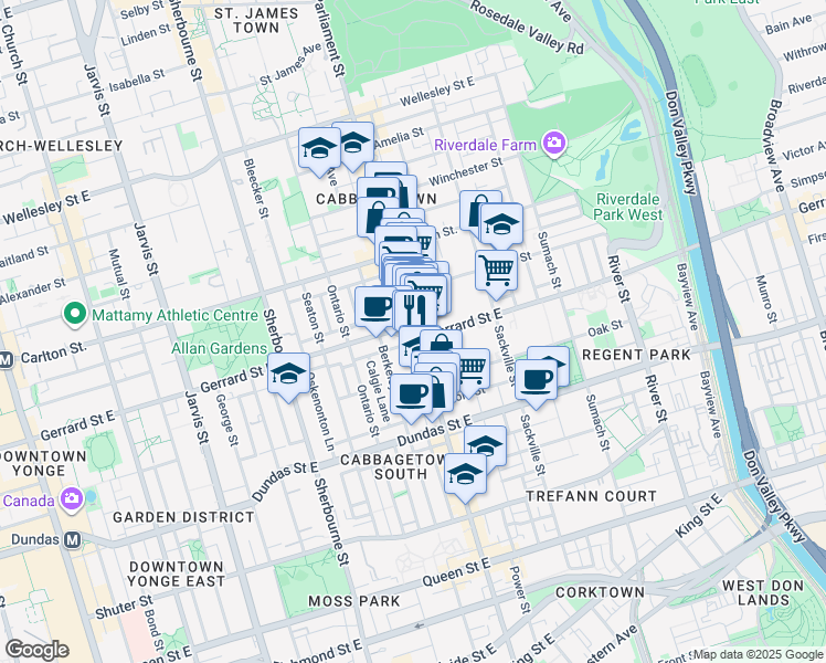 map of restaurants, bars, coffee shops, grocery stores, and more near 410 Parliament Street in Toronto