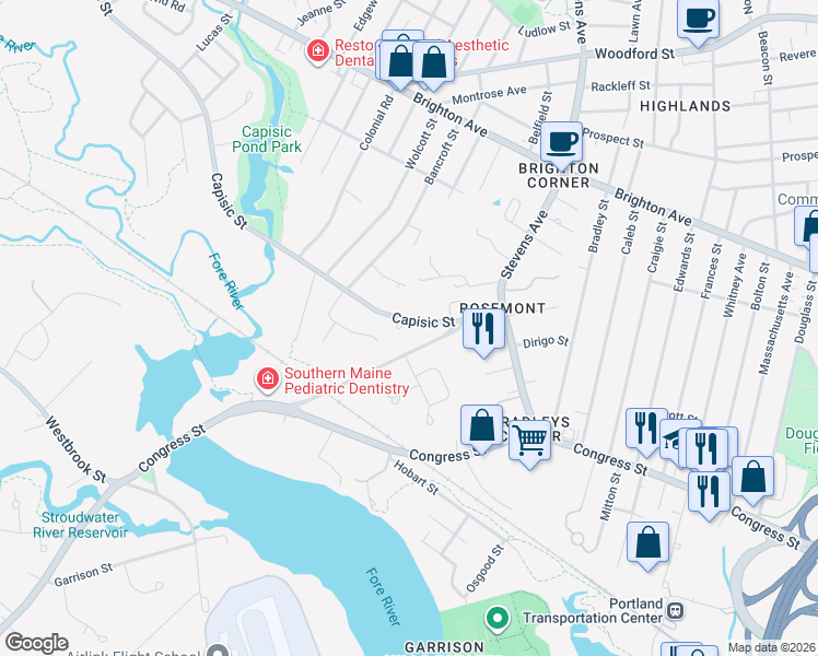 map of restaurants, bars, coffee shops, grocery stores, and more near 78 Capisic Street in Portland