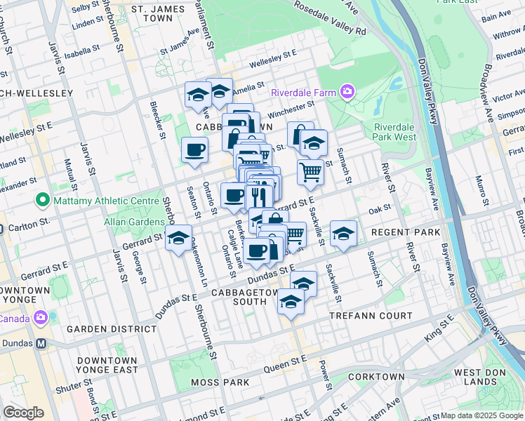 map of restaurants, bars, coffee shops, grocery stores, and more near 403 Parliament Street in Toronto