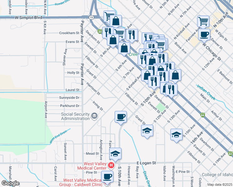map of restaurants, bars, coffee shops, grocery stores, and more near 711 Grant Street in Caldwell
