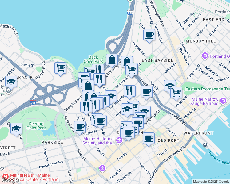 map of restaurants, bars, coffee shops, grocery stores, and more near 57 Kennebec Street in Portland
