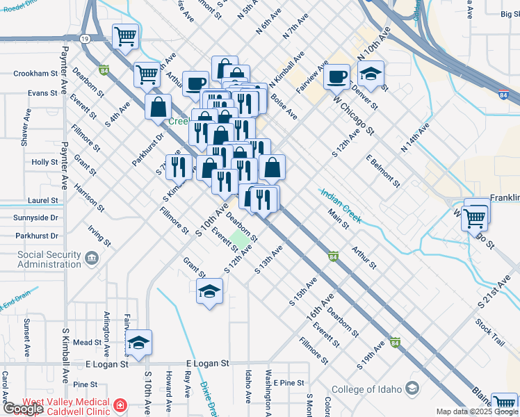 map of restaurants, bars, coffee shops, grocery stores, and more near 1101 Cleveland Boulevard in Caldwell