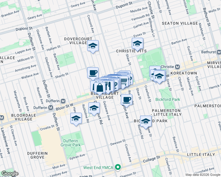 map of restaurants, bars, coffee shops, grocery stores, and more near Concord Avenue in Toronto
