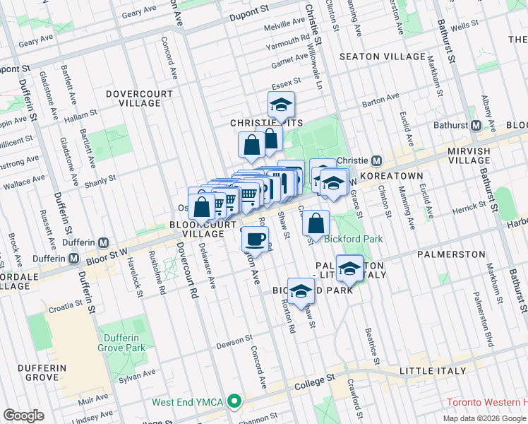 map of restaurants, bars, coffee shops, grocery stores, and more near 857 Bloor Street West in Toronto