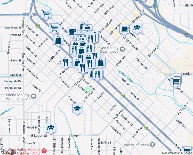 map of restaurants, bars, coffee shops, grocery stores, and more near 1101 Cleveland Boulevard in Caldwell