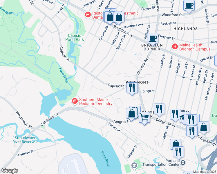 map of restaurants, bars, coffee shops, grocery stores, and more near 90 Capisic Street in Portland