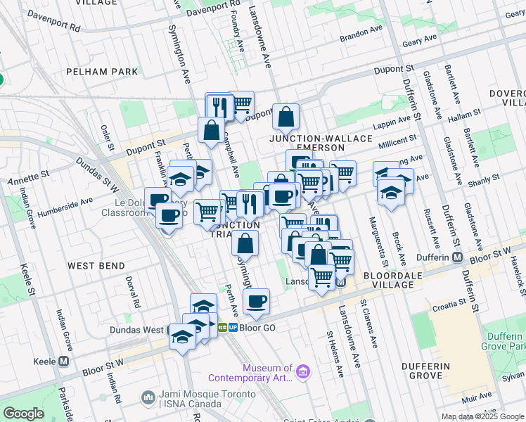 map of restaurants, bars, coffee shops, grocery stores, and more near in Toronto
