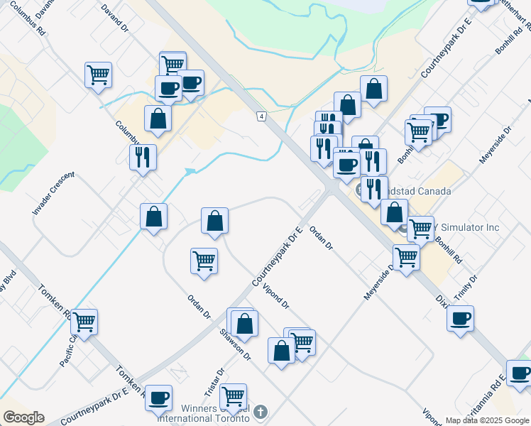 map of restaurants, bars, coffee shops, grocery stores, and more near 6400 Ordan Drive in Mississauga