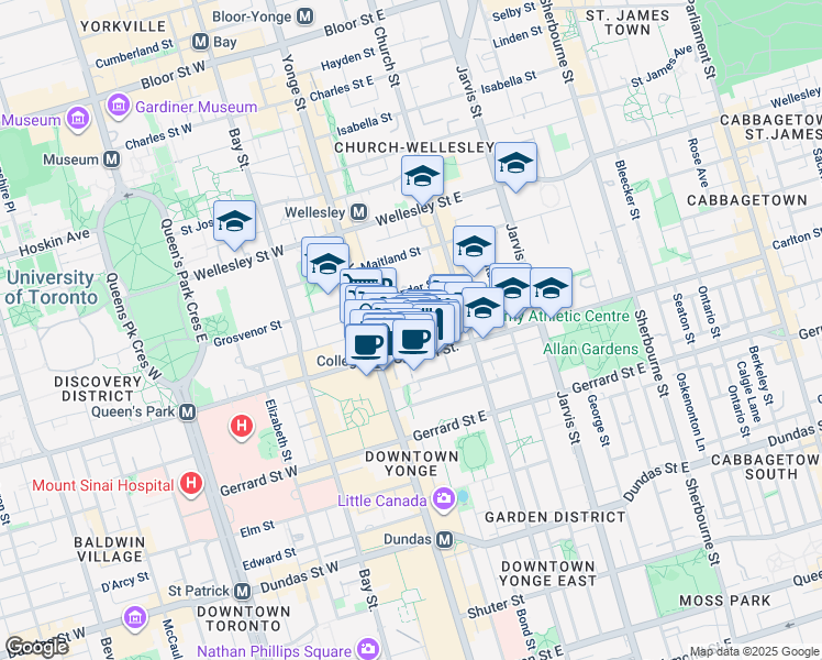map of restaurants, bars, coffee shops, grocery stores, and more near 25 Wood Street in Toronto