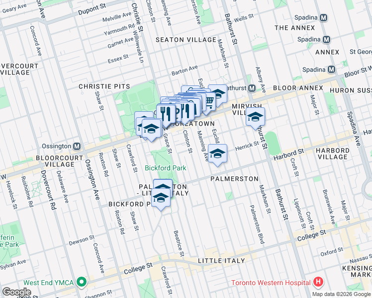 map of restaurants, bars, coffee shops, grocery stores, and more near 8 Page Street in Toronto