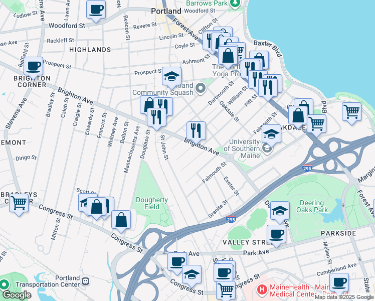 map of restaurants, bars, coffee shops, grocery stores, and more near 22 Sheffield St in Portland