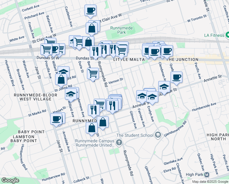 map of restaurants, bars, coffee shops, grocery stores, and more near 53 Maher Avenue in Toronto