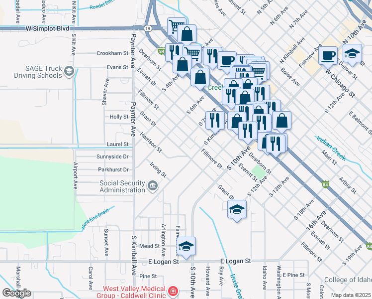 map of restaurants, bars, coffee shops, grocery stores, and more near 711 Grant Street in Caldwell