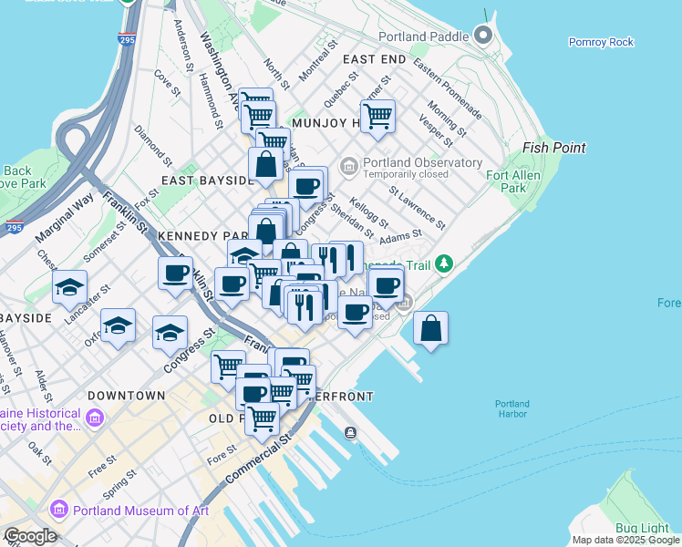 map of restaurants, bars, coffee shops, grocery stores, and more near 12 Mountfort Street in Portland