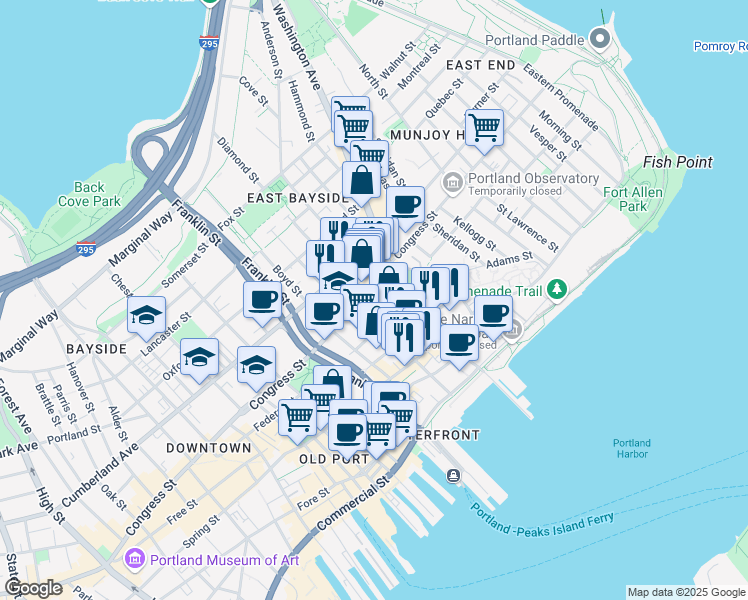 map of restaurants, bars, coffee shops, grocery stores, and more near 55 Federal Street in Portland