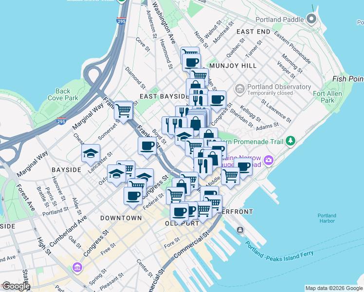 map of restaurants, bars, coffee shops, grocery stores, and more near 14 Locust Street in Portland