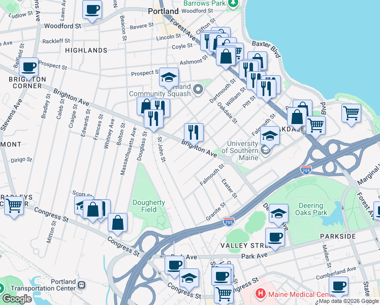 map of restaurants, bars, coffee shops, grocery stores, and more near 22 Sheffield Street in Portland