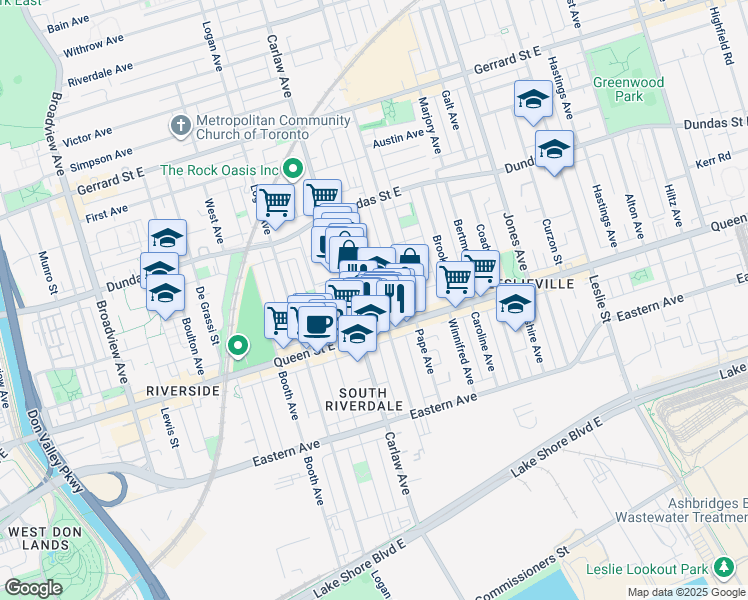map of restaurants, bars, coffee shops, grocery stores, and more near 974 Queen Street East in Toronto