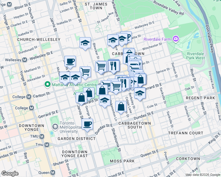 map of restaurants, bars, coffee shops, grocery stores, and more near in Toronto