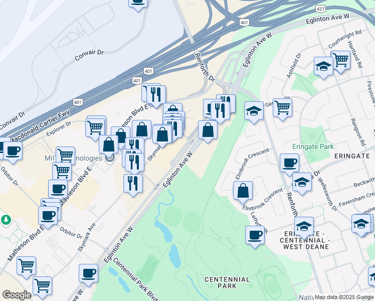 map of restaurants, bars, coffee shops, grocery stores, and more near 1295 Eglinton Avenue West in Mississauga