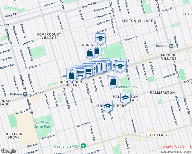 map of restaurants, bars, coffee shops, grocery stores, and more near 851-857 Bloor Street West in Toronto