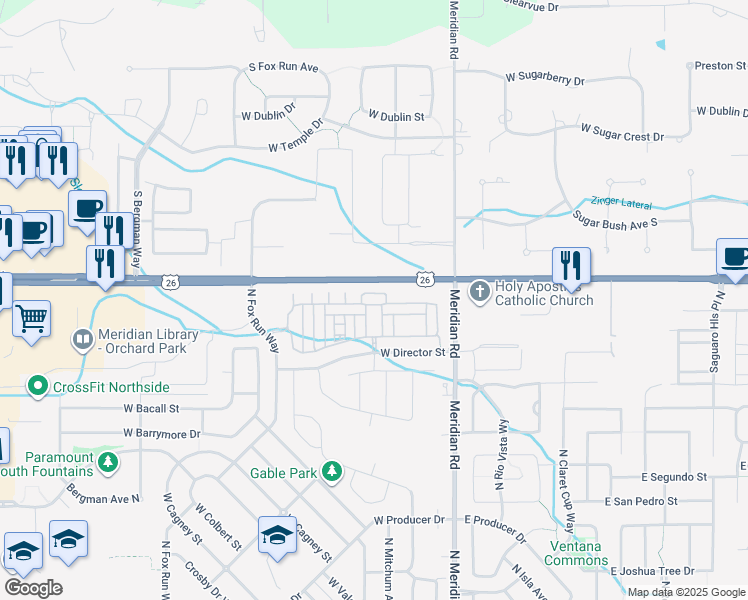 map of restaurants, bars, coffee shops, grocery stores, and more near 276 West Pavilion Lane in Meridian