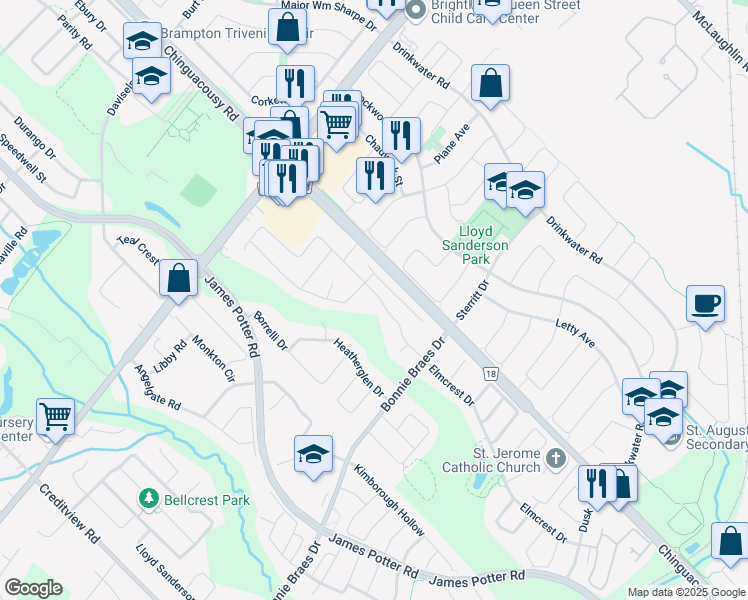 map of restaurants, bars, coffee shops, grocery stores, and more near 32 Allegro Drive in Brampton