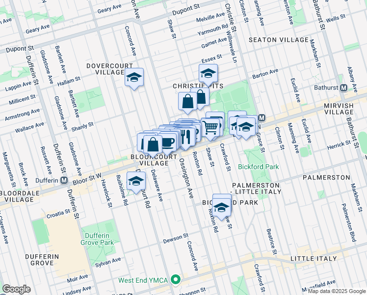 map of restaurants, bars, coffee shops, grocery stores, and more near 878 Bloor Street West in Toronto