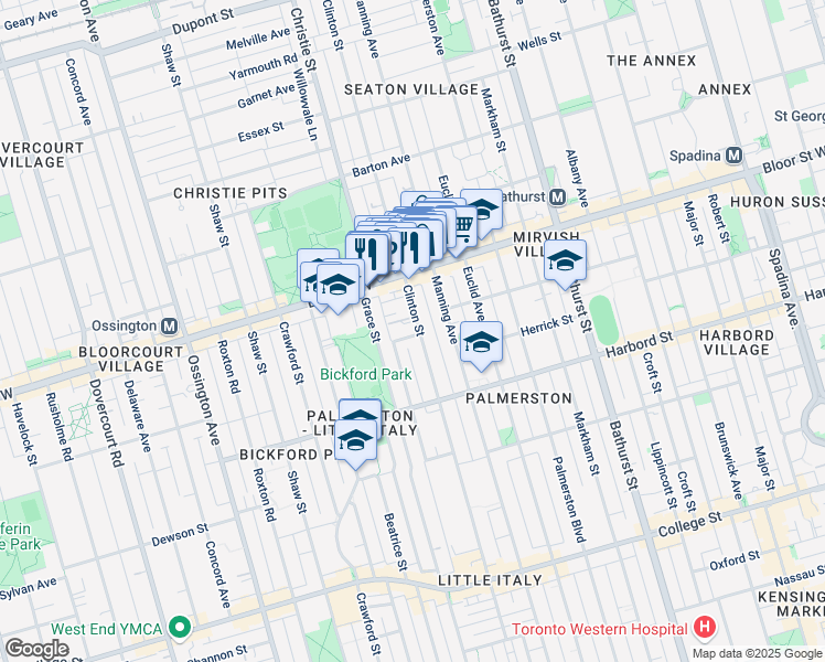 map of restaurants, bars, coffee shops, grocery stores, and more near 2 Page Street in Toronto