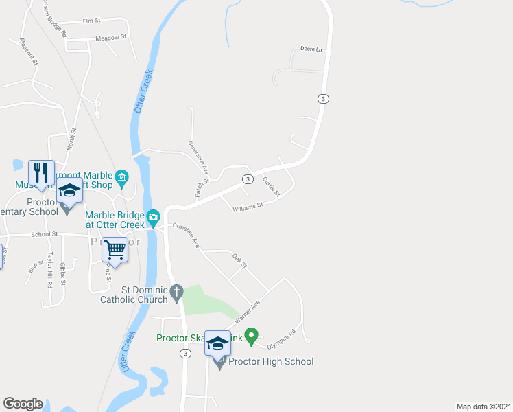 map of restaurants, bars, coffee shops, grocery stores, and more near 35 Williams Street in Proctor