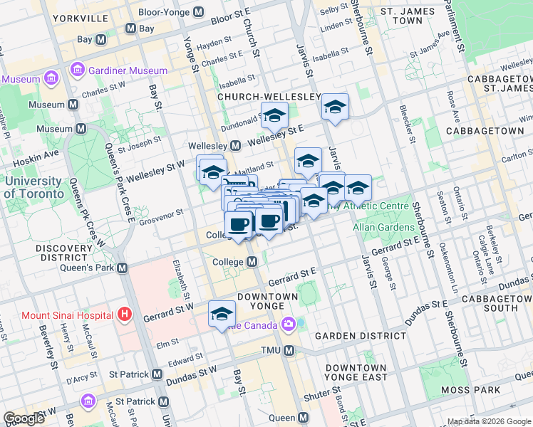 map of restaurants, bars, coffee shops, grocery stores, and more near 25 Wood Street in Toronto