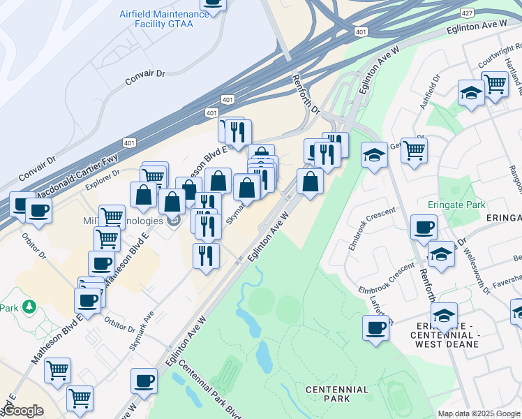 map of restaurants, bars, coffee shops, grocery stores, and more near 403-2800 Skymark Avenue in Mississauga