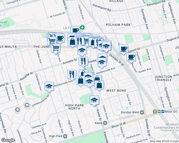 map of restaurants, bars, coffee shops, grocery stores, and more near 275 Keele Street in Toronto