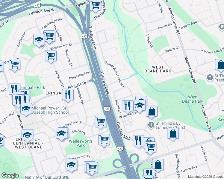map of restaurants, bars, coffee shops, grocery stores, and more near 88 Rabbit Lane in Toronto