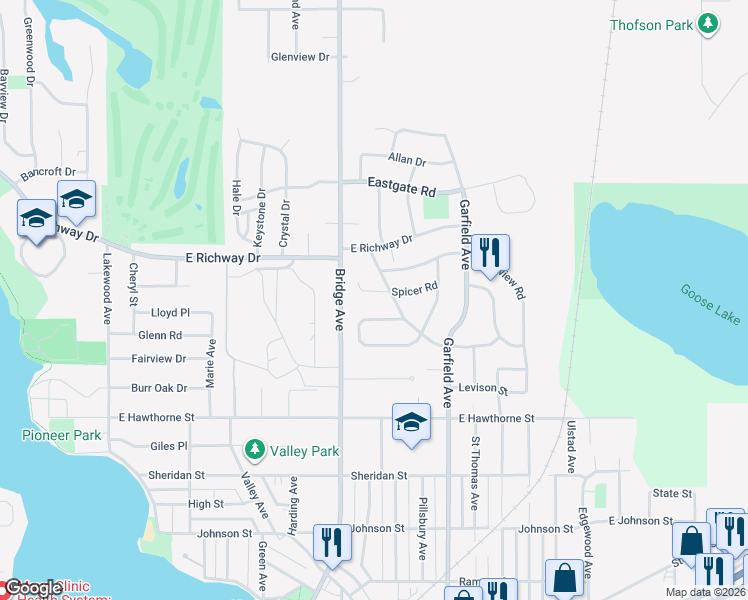 map of restaurants, bars, coffee shops, grocery stores, and more near 1009 Foothills Circle in Albert Lea