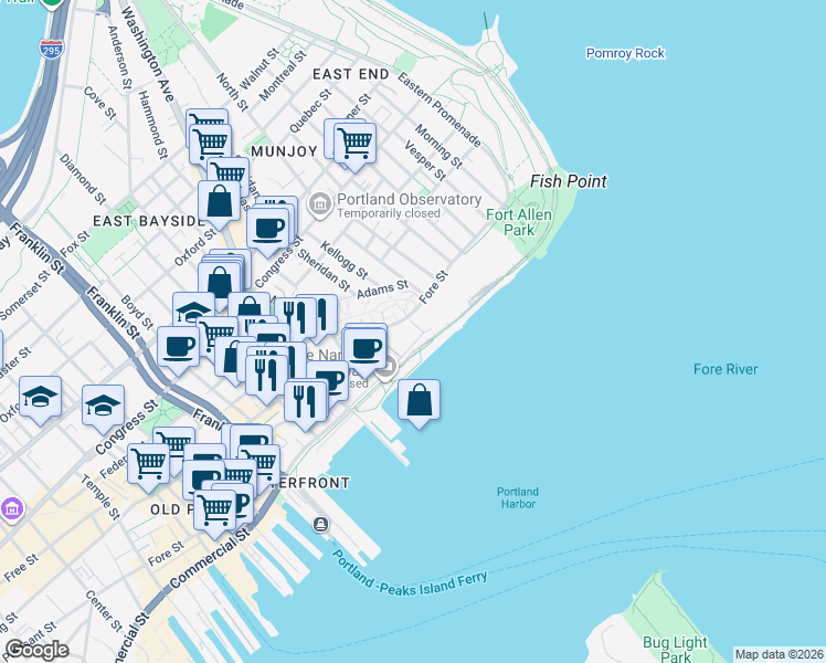 map of restaurants, bars, coffee shops, grocery stores, and more near 30 Fore Street in Portland