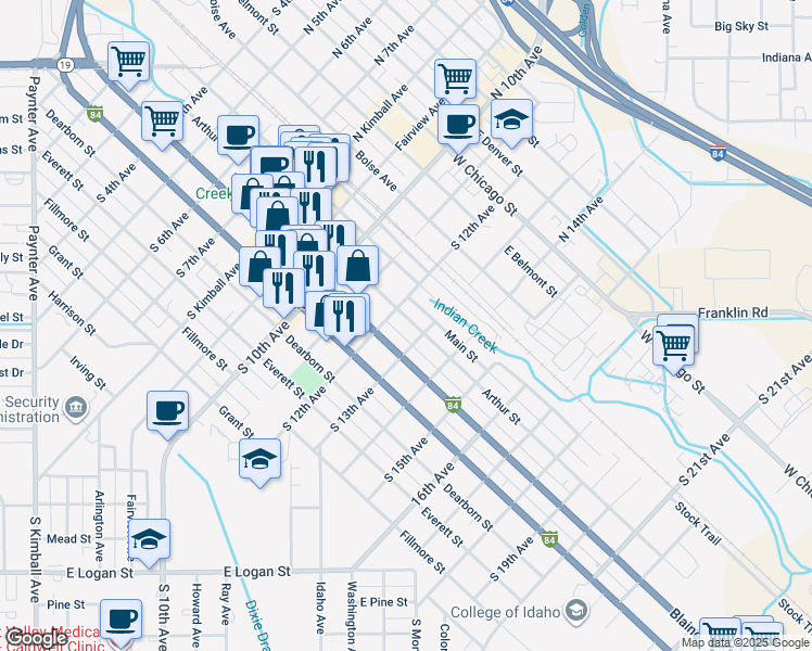 map of restaurants, bars, coffee shops, grocery stores, and more near 1210 Arthur Street in Caldwell
