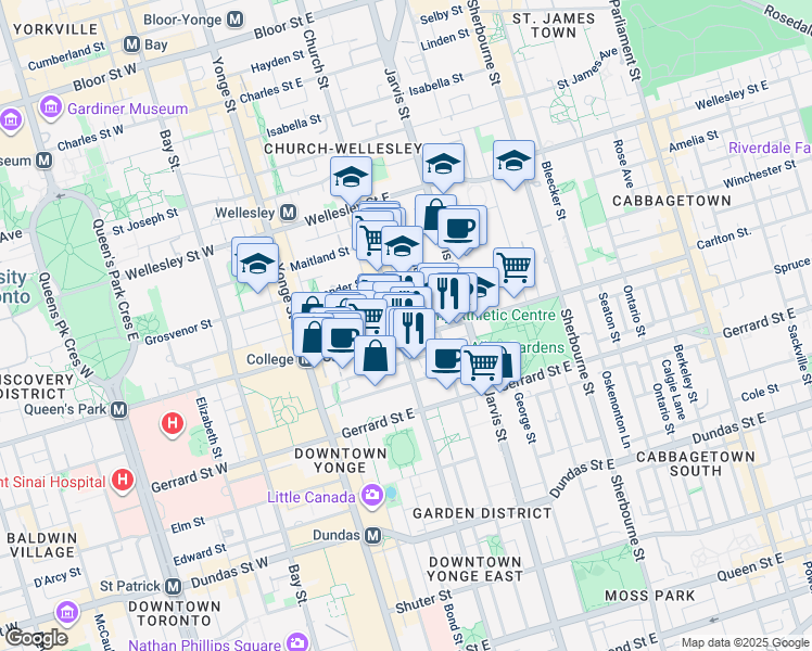map of restaurants, bars, coffee shops, grocery stores, and more near 403 Church Street in Toronto