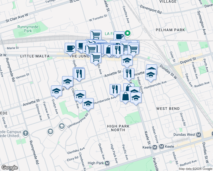 map of restaurants, bars, coffee shops, grocery stores, and more near 307 Pacific Avenue in Toronto