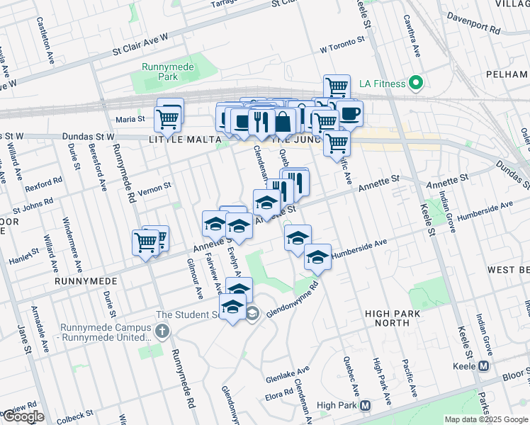 map of restaurants, bars, coffee shops, grocery stores, and more near 280 Annette Street in Toronto