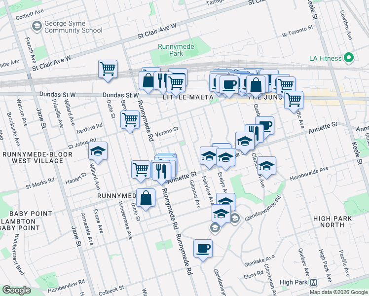 map of restaurants, bars, coffee shops, grocery stores, and more near 155 Gilmour Avenue in Toronto