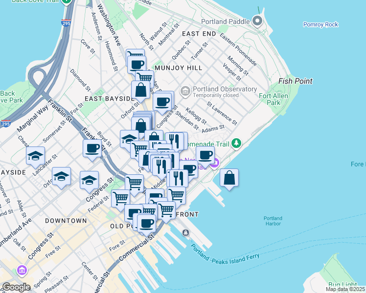 map of restaurants, bars, coffee shops, grocery stores, and more near 73 Newbury Street in Portland